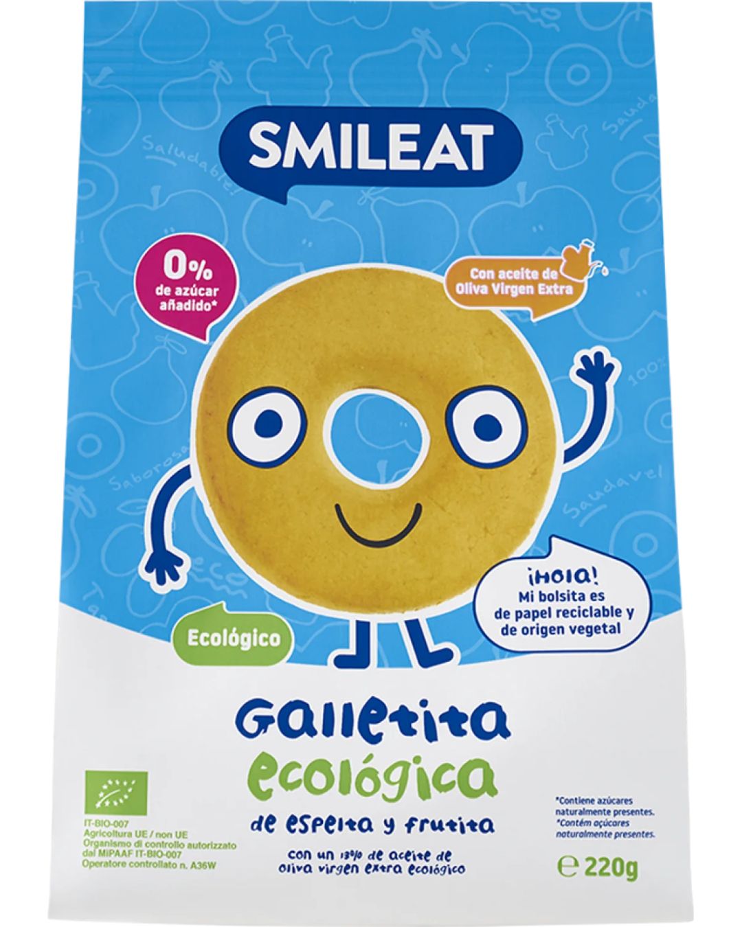 Βιολογικά Παιδικά Μπισκότα Ντίνκελ Μήλο 220gr Smileat